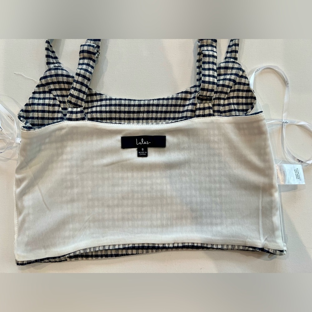 Lulu's Plaid White Navy Checkered Crop Top Cotton Blend Size Small - Picture 12 of 14